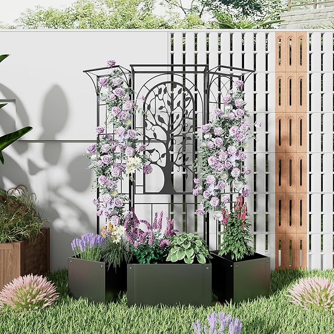 Metal Planter Box with Trellis and Cover, Raised Garden Bed with Trellis Privacy Screen, 62 inch Tall Planter Boxes for Climbing Plants, Flowers, Vegetables, Fruits, Balcony and Patio Decor (Black)