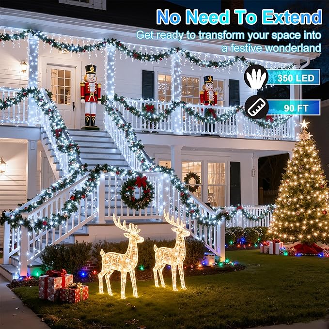 350LED 90FT Christmas Lights Indoor Outdoor, 12 Modes Cool White Outdoor String Lights with Timer & Dimmable, Green Wire Christmas String Lights for Tree Patio Yard Fence Bedroom Wedding Garden Decor