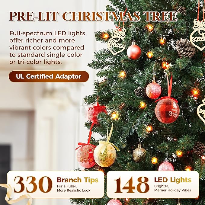 HOLLO STAR 4.5 ft Prelit Christmas Tree with 148 LED Lights, App Control, Artificial Pencil Christmas Tree with Multi-Color RGBW Lights, 330 Branch Tips, Skinny Xmas Tree, Metal Base, for Home, Party
