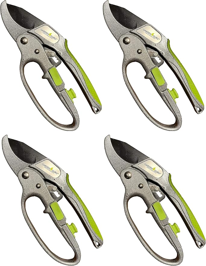 Garden Guru Ratchet Pruning Shears - Professional Garden Clippers with Ergonomic Grip and Brush - Makes Tough Cuts Easy (4 Pack)