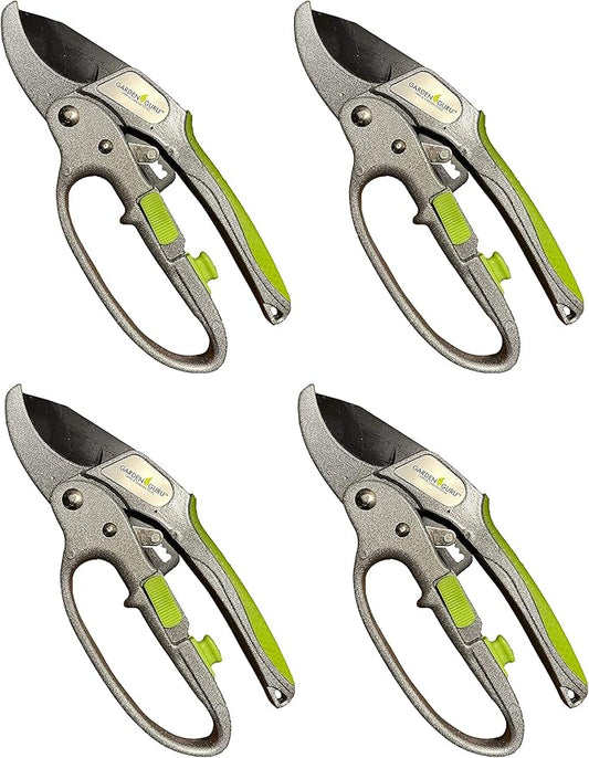 Garden Guru Ratchet Pruning Shears - Professional Garden Clippers with Ergonomic Grip and Brush - Makes Tough Cuts Easy (4 Pack)