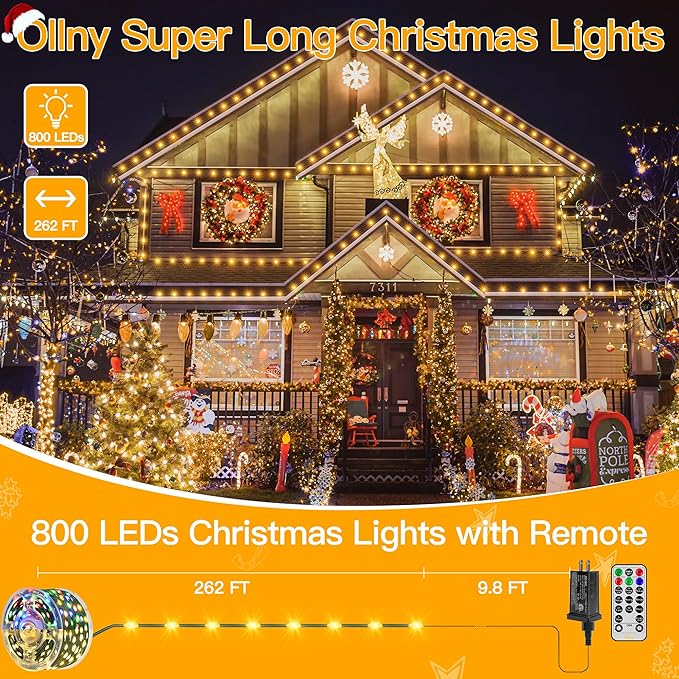 Ollny Christmas Lights 262 FT 800 LED IP67 Waterproof, Color Changing Christmas Lights Outdoor with Remote, 11 Modes Dimmable Timer Warm White to Multicolored Changeable String Lights for House Decor