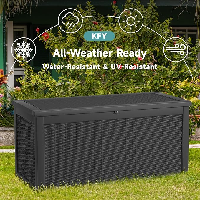 260 Gallon Waterproof Outdoor Storage Box, UV Resistant Resin Deck Box with Hydraulic Rod for Reinforced Stability, Perfect for Patio, Garden, and Pool, Striped Black