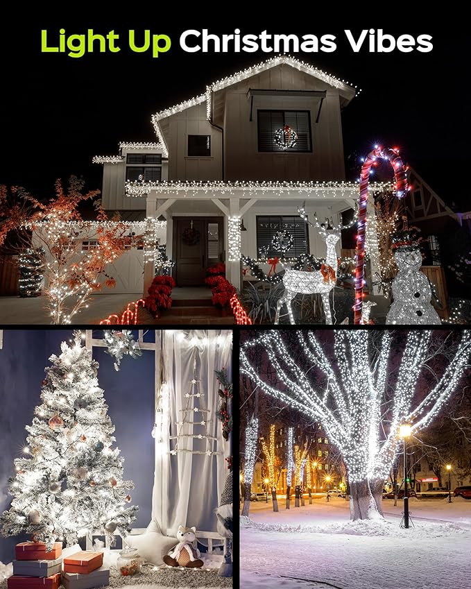 JACKYLED 110FT 300 LED White Christmas Lights Outdoor Waterproof, Indoor Christmas String Lights 8 Modes, Plug in Christmas Tree Lights for Room Wedding Holiday Christmas Decorations, Cool White
