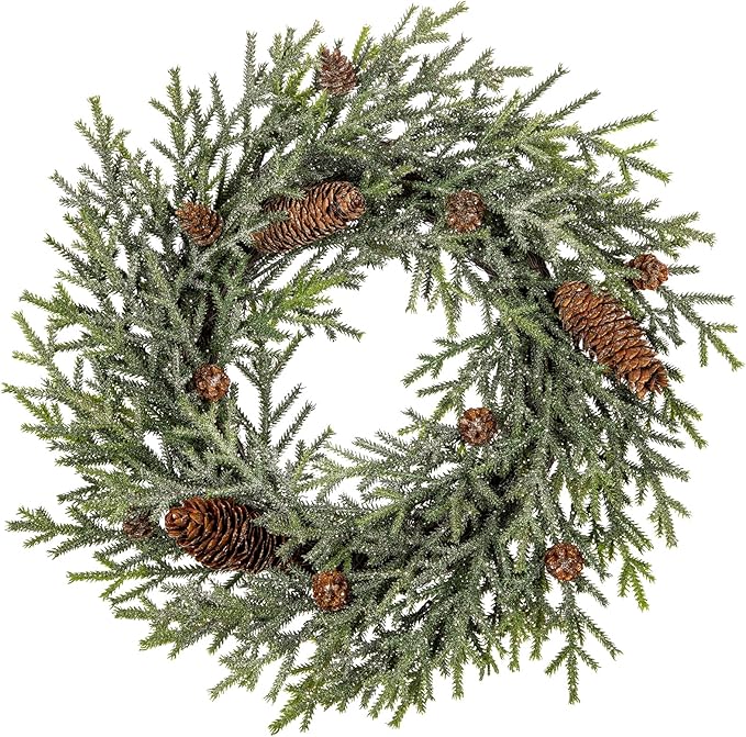 18 inch Christmas Wreath, Small Christmas Wreath for Front Door Christmas Door Wreaths Norfolk Pine Wreath with Frosted Pine Cones Cedar Aritificial Wreath for Christmas Indoor Outdoor Decorations