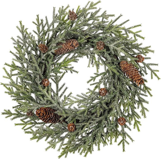18 inch Christmas Wreath, Small Christmas Wreath for Front Door Christmas Door Wreaths Norfolk Pine Wreath with Frosted Pine Cones Cedar Aritificial Wreath for Christmas Indoor Outdoor Decorations