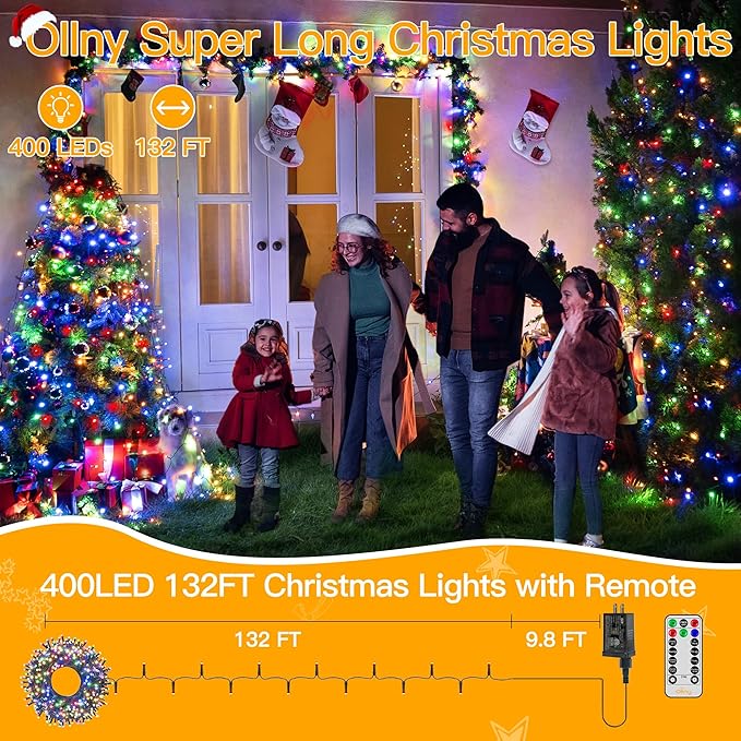 Ollny Christmas Lights 400LED 132FT, Plug-in Outside Tree Lights with Timer and 8 Modes, Remote Control Waterproof Dimmable Outdoor String Lights for House Yard Patio Xmas Decorations (Multicolored)
