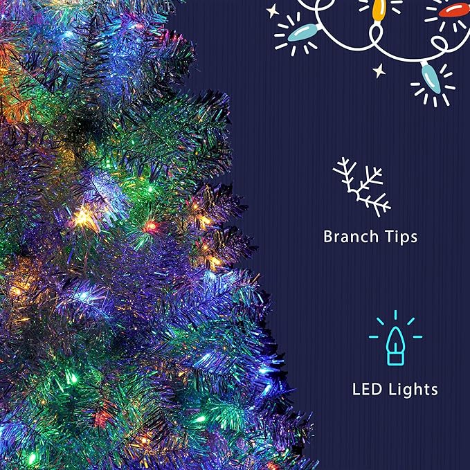 7.4FT Silver Pre-Lit Artificial Christmas Tree with Lights, Hinged Full Xmas Tree with 1200 Branch Tips & 400 Multi-Color LED Lights, 11 Lighting Modes, Metal Stand, Indoor Outdoor Decorations