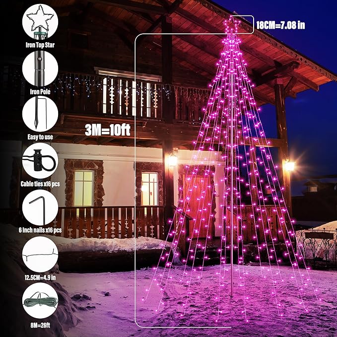 Lomotech Christmas Tree Lights - 10Ft 404 LED with 7.08" Topper, Remote Controll Waterproof Iron Pole Waterfall Lights for Outdoor Christmas Decorations (Pink)