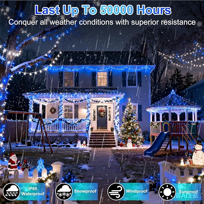 340 LED 90FT Christmas String Lights Outdoor, 12 Pro Modes and Timer Memory & Brightness, Plug in Waterproof Dark Green Wire Twinkle Light for for Xmas Yard Tree Wedding Party Decor (Blue & White)