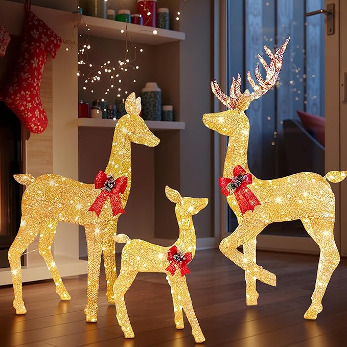 Joiedomi 3 Packs Christmas Decoration Deer Family, 360 LED Lighted Rattan Reindeers Yard Lights, Christmas Outdoor Decorations for Yard Garden Lawn, Xmas Decor, Golden Reindeer
