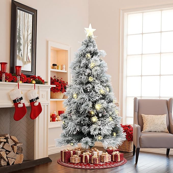 LuxenHome 6FT Flocked Christmas Tree, Christmas Tree with Lights, Pine Cones and Red Berries, White Artificial Trees with 100 LED Lights, 243 PVC and Bristle Tips for Living Room, Entryway Decor