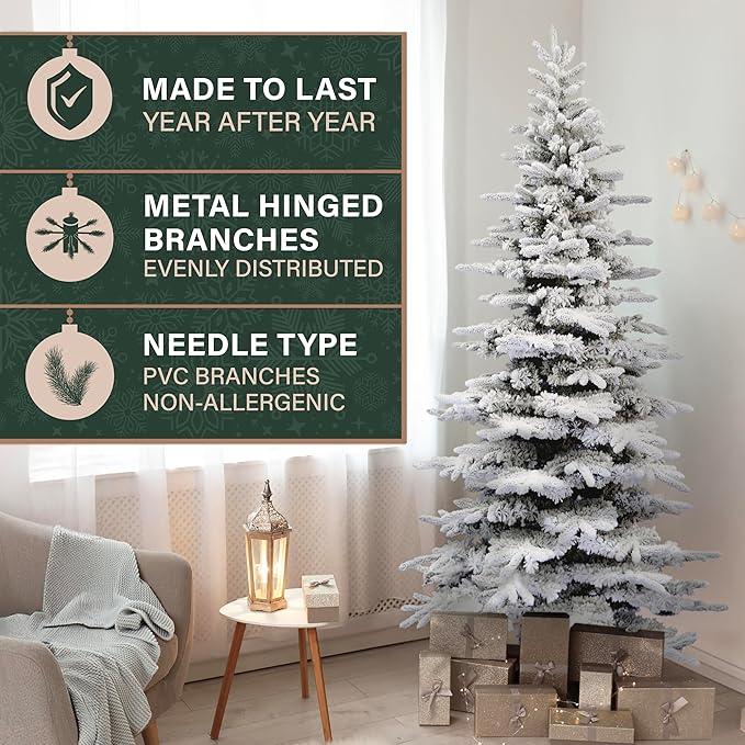 Fraser Hill Farm 7.5-ft. Pine Valley Flocked Christmas Tree, Huge Fake Christmas Tree with No Lights, Unlit Snowy Artificial Christmas Tree, Festive Indoor Holiday Decoration