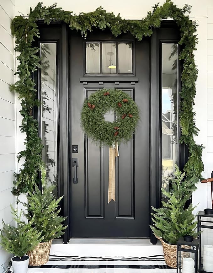 24 inch Christmas Wreath for Front Door, Real Touch Cedar Wreath with Pinecones Large Christmas Door Wreaths Artificial Hanging Pine Wreath for Xmas Indoor Outdoor Windows Holiday Decorations