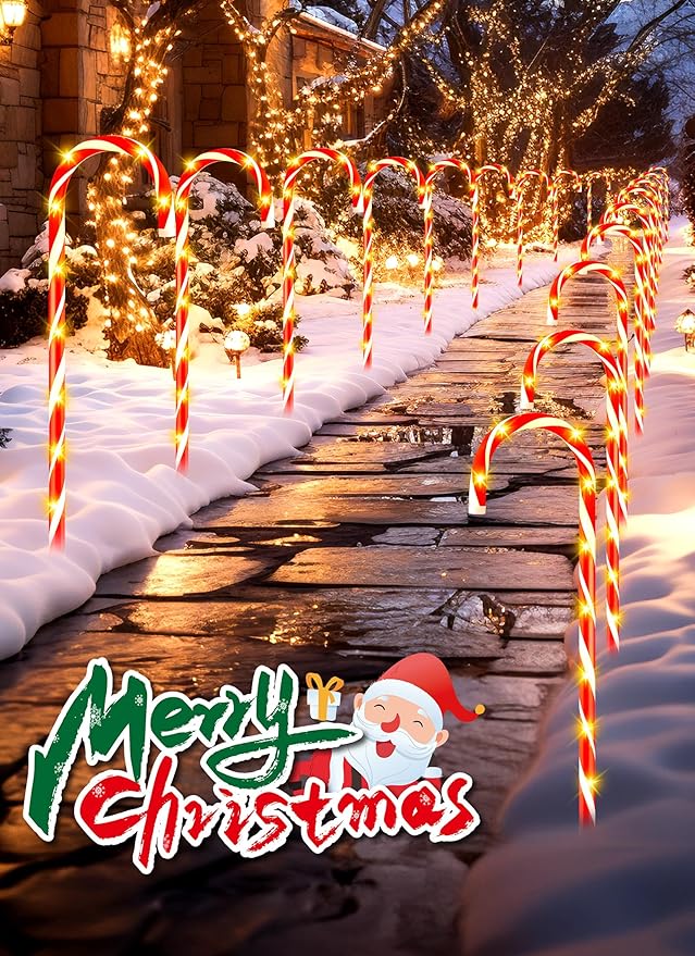 Brightown 28" Candy Cane Lights with Stakes, 2 Set Total 20 Large Christmas Pathway Lights, Outdoor Candy Cane Pathway Christmas Decorations for Yard, Lawn, Garden, Walkway, Sidewalk