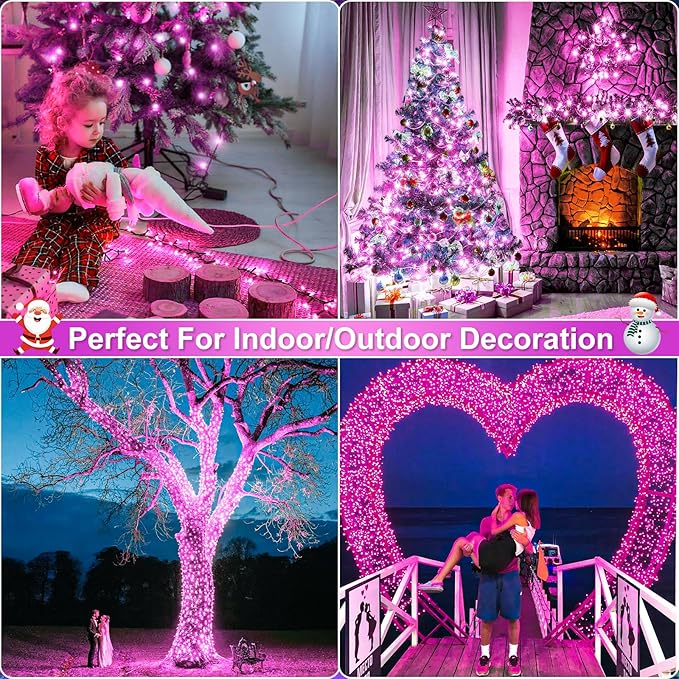 Christmas Lights Outdoor, 66FT 200 LED Christmas Tree Lights with 8 Modes Waterproof, Plug in Green Wire Connectable Twinkle String Light for Indoor Bedroom Patio Wedding Holiday Decor, Pink