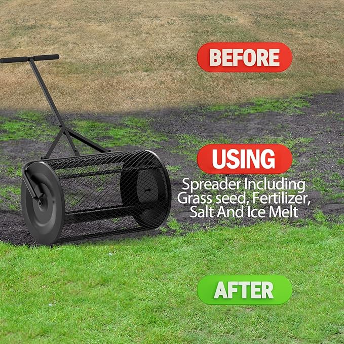 Walensee 24 Inch Compost Spreader Peat Moss Spreader with Upgrade T Shaped Handle for Planting Seeding Durable Lightweight Metal Mesh Spreader for Lawn and Garden Care Manure Spreaders Roller Patented