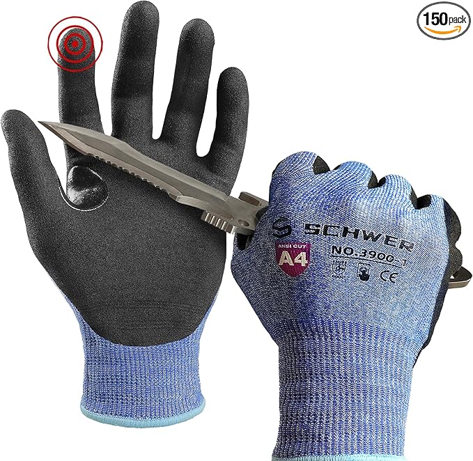 Schwer A4 AIR-SKIN Cut Resistant Work Gloves AR3900 with Extreme Lightweight & Thin, Grip Gloves for Fishing, Refined Work, Mechanic, Gardening, Touch-Screen, Non-PFAS, 3D-Comfort Fit, 150 Pair, L