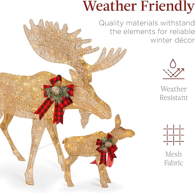 Best Choice Products 5ft 2-Piece Moose Family, Lighted Outdoor Christmas Yard Decoration, Light-Up Décor Set w/ 370 LED Lights, Zip Ties - Gold