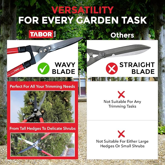TABOR TOOLS B212A Telescopic Hedge Shears with Wavy Blade and Extendable Steel Handles. Extendable Manual Hedge Clippers for Trimming Borders, Boxwood, and Tall Bushes.