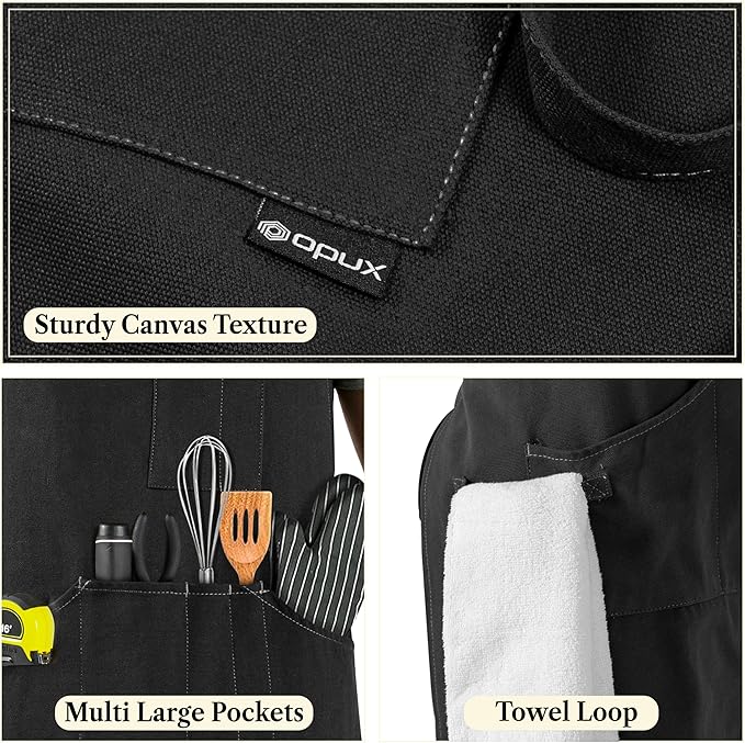 opux Chef Apron for Men, Kitchen Apron with Pockets for Women, Large Unisex Canvas Apron for Cooking Grilling BBQ Baking.