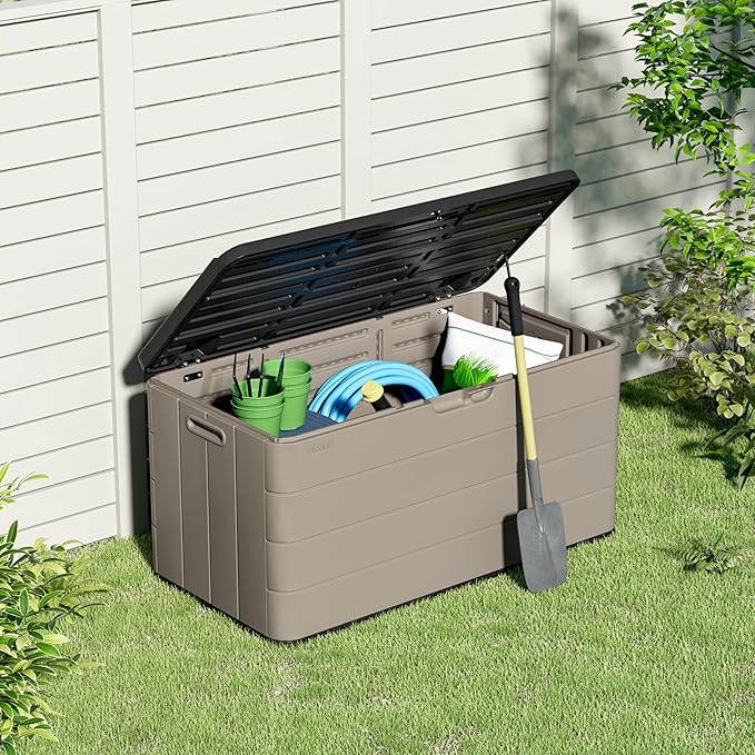 100 Gallon Large Resin Deck Box - Lockable Waterproof Outdoor Storage Bench for Patio Cushions, Garden Tools & Pool Accessories - Wood-Look Texture, Weather-Resistant for Backyard & Porch