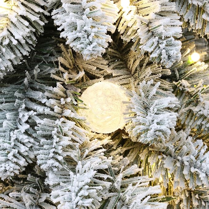 LuxenHome 6FT Flocked Christmas Tree, Slim Pencil Christmas Tree Pre-lit with 150 Warm White LED Globe Lights, Lighted Artificial Christmas Trees with Stand for Indoor, Outdoor Holiday Decorations