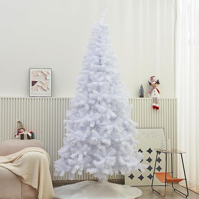 Juegoal 7.5 FT Artificial Christmas Tree (NOT Pre-Strung) with Remote Control, 450 LED Warm White & Multicolor Changing Lights, Fake Xmas Pine Tree with Metal Legs, 1350 Branch Tips, White