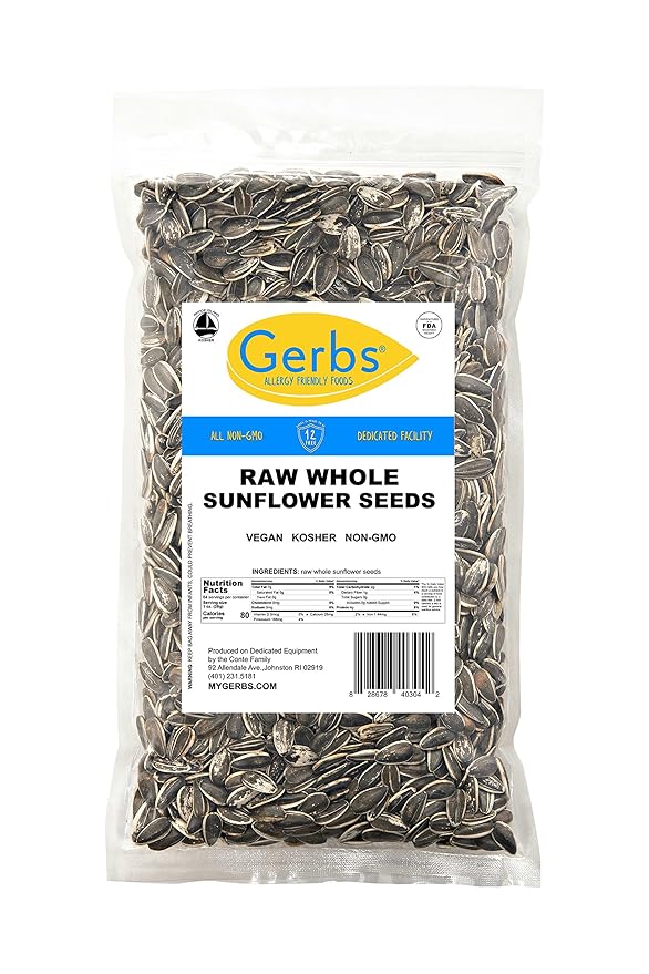 Gerbs Raw Whole Sunflower Seeds 4 lbs. | In-Shell, No Additives, Resealable Bag | Crack-and-Eat Crunchy Snack | Top 14 Allergen-Free