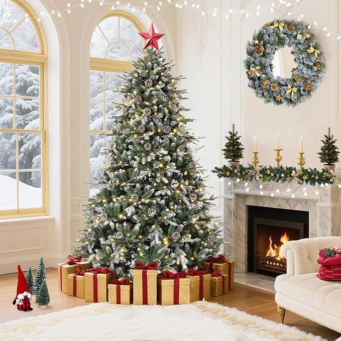 6 FT Snow Flocked Christmas Tree with 300 Warm Lights-8 Modes, Prelit Christmas Trees with Pine Cone & Gloves, Metal Folding Stand, Full Artificial Xmars Tree for Home Decor, Norway Spruce, Green