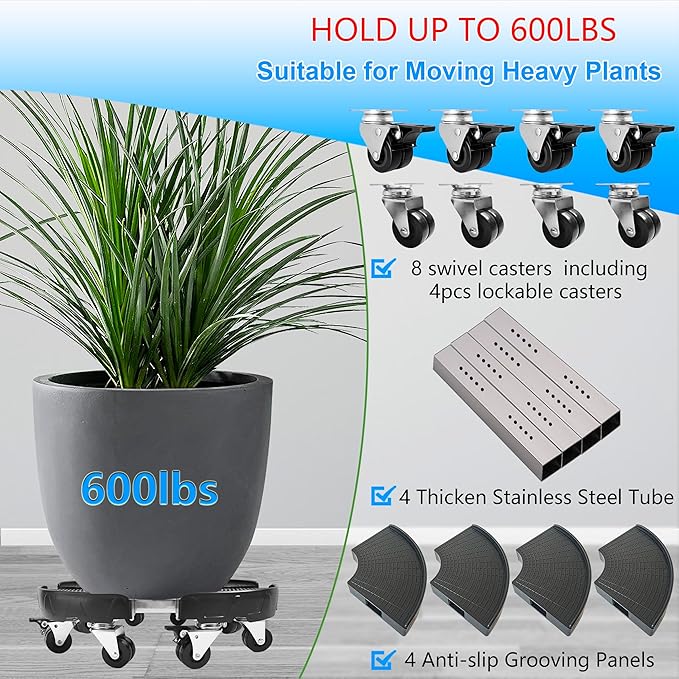 CASIMR Plant Stand with Wheels, Heavy Duty Plant Caddy with 8 Twin Casters, Adjustable 15-20 Inch Indoor Outdoor Large Rolling Plant Stand Planter Cart Dolly for Flowerpot, 600lbs Capacity