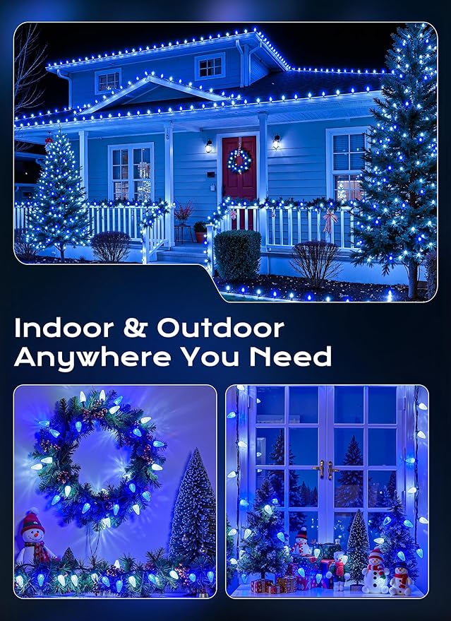 C9 Christmas Outdoor Lights, 72 FT 110 LED C9 String Lights, 8 Modes & Timer Extendable Waterproof for Christmas Tree Indoor Outdoor Roofline Patio Outside Backyard Holiday Xmas Decor, Blue White