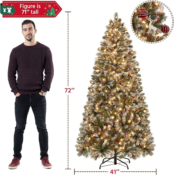 Yaheetech 6ft Pre-lit Frosted Artificial Hinged Christmas Tree with 818 Flocked PVC Tips,62 Pine Cones,62 Holly Berries & 250 Warm White Lights,Foldable Stand,Green