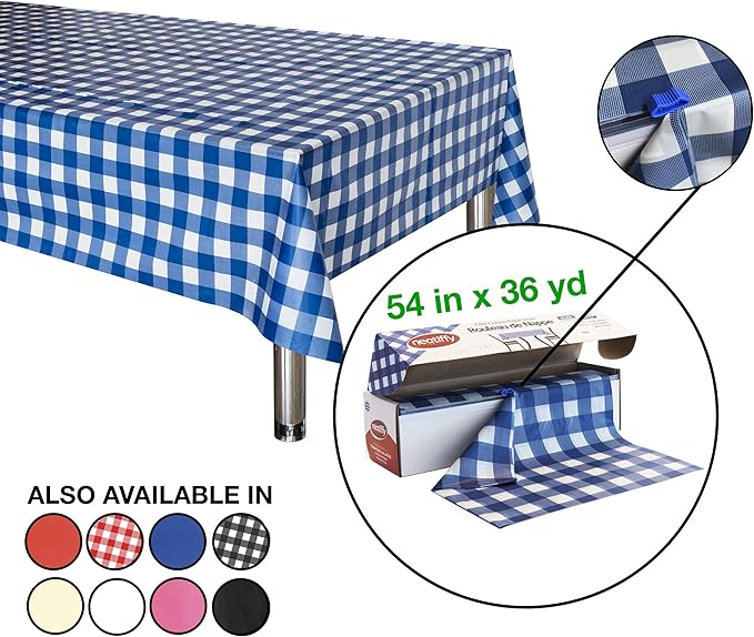 Neatiffy Disposable Plastic Table Cloth Roll | 54 in x 108 Ft Waterproof Tablecloth | Table Cover for Rectangle, Square, Round Oval Tables | Picnic, Party, Banquet, Birthdays, Weddings - Blue Gingham