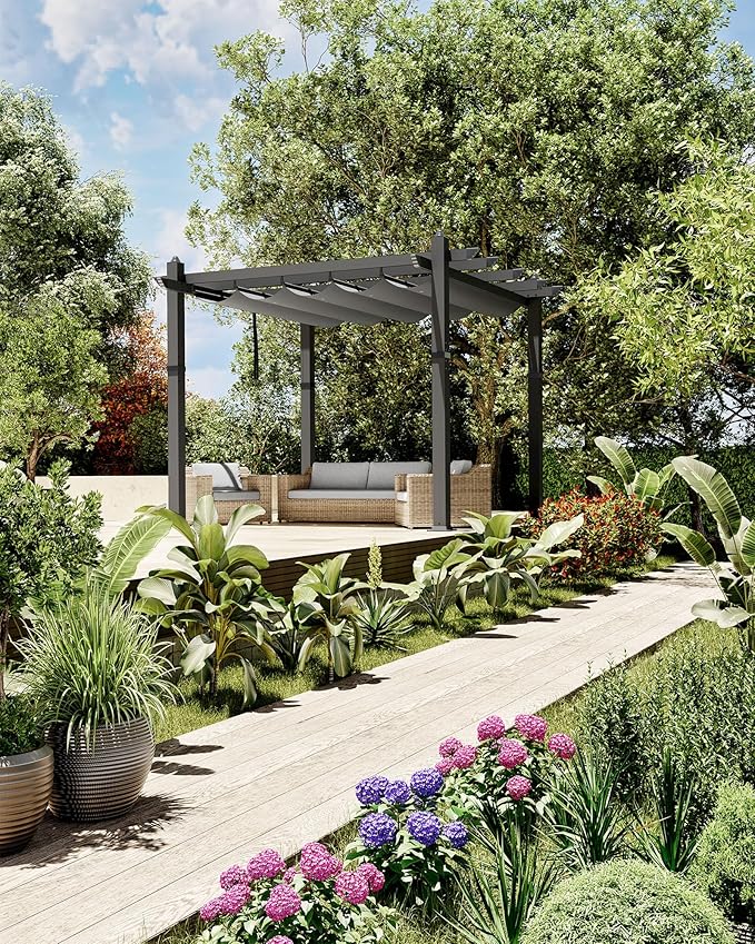 Garvee 10x10 Ft Outdoor Pergola Metal Gazebo with Retractable Canopy for Patio Backyard Deck Porch Grape Trellis(Gray)