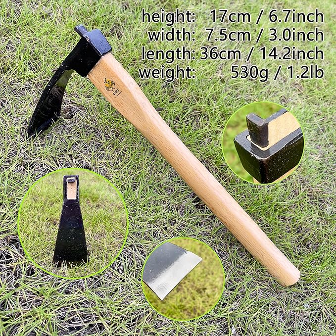 14 Inch Heavy Duty Wide Hoe, Japanese Carbon Steel with Oak Wooden Handle, Without Welding, Garden Tool for Digging, Weeding, and Planting