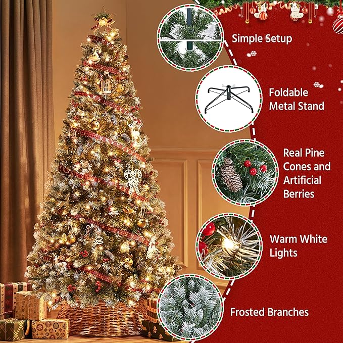 Yaheetech 6ft Pre-lit Frosted Artificial Hinged Christmas Tree with 818 Flocked PVC Tips,62 Pine Cones,62 Holly Berries & 250 Warm White Lights,Foldable Stand,Green