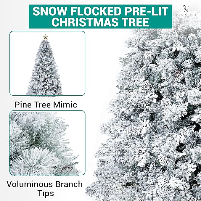 Darla 4.5ft Snow Flocked Rotating Christmas Tree with Star Projector, 22 Pine Cones, 308 Branch Tips, 130 Warm Lights and Rotating Base, 33" Wide Snowy Frosted Pine Christmas Tree with Lights