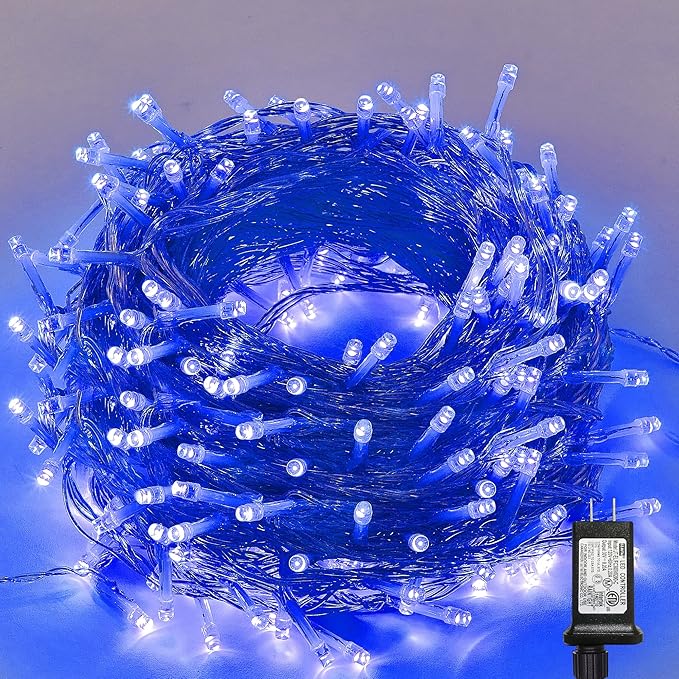LJLNION 300 LED String Lights Outdoor Indoor, Extra Long 98.5FT Super Bright Christmas Lights, 8 Lighting Modes, Plug in Waterproof Fairy Lights for Holiday Wedding Party Bedroom Decorations (Blue)