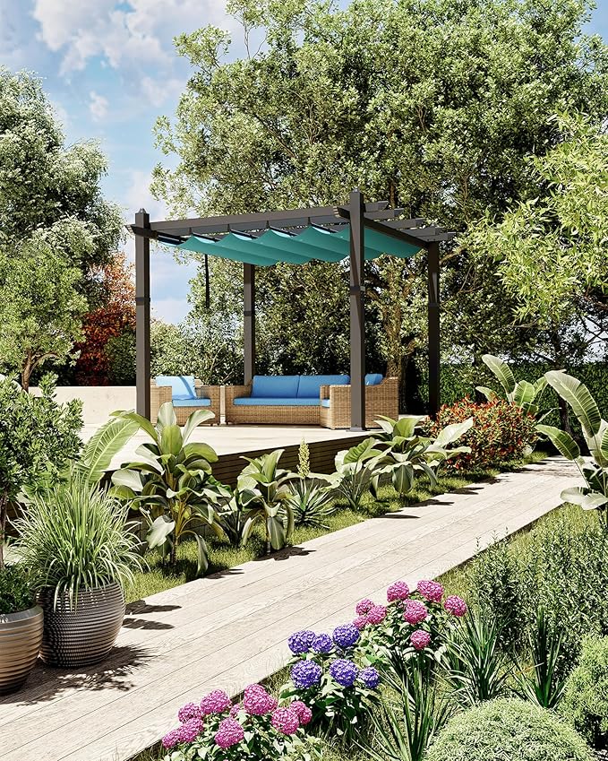 Garvee 10x10 Ft Outdoor Pergola Metal Gazebo with Retractable Canopy for Patio Backyard Deck Porch Grape Trellis(Blue)