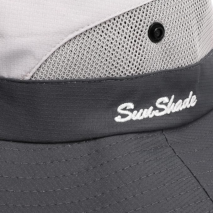 Womens Summer Sun Hat Beach Hat Wide Brim Outdoor UV Protection Hat Foldable Cool Mesh Ponytail Bucket Hat