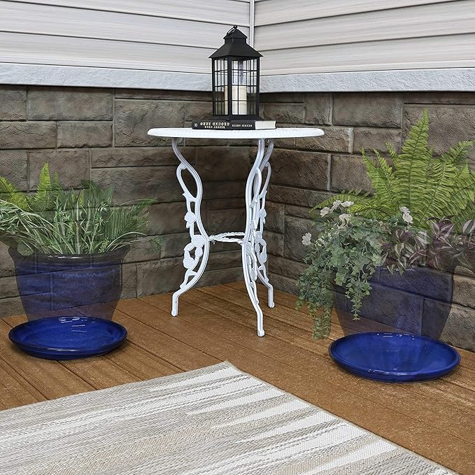 Sunnydaze 12-Inch Ceramic Plant Saucers - Plant Drip Trays for Outdoor Planter Flower Pot Drainage - Set of 2 - Imperial Blue