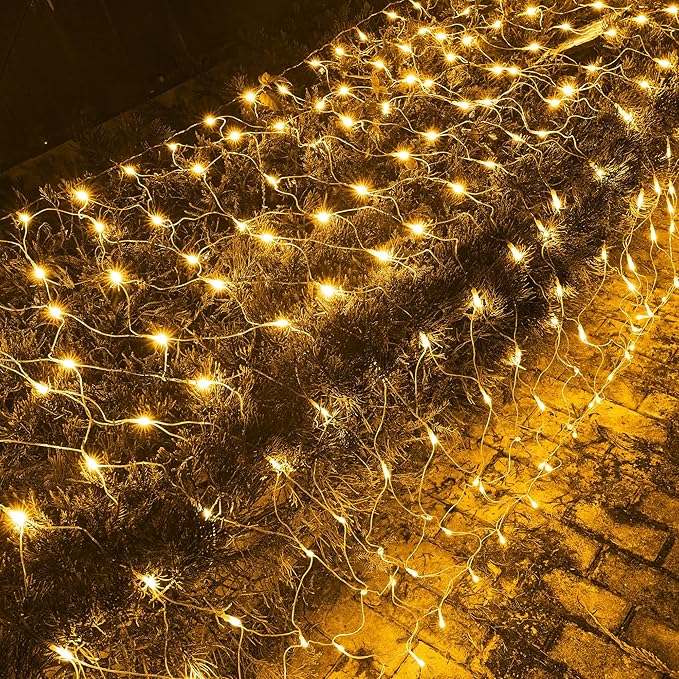 Dazzle Bright Christmas 200 LED Net Lights, 9.8 FT x 6.6 FT Connectable Mesh Lights Clear Wire with 8 Lighting Modes, Christmas Decorations for Indoor Outdoor Bush Yard Garden Decor (Warm White)