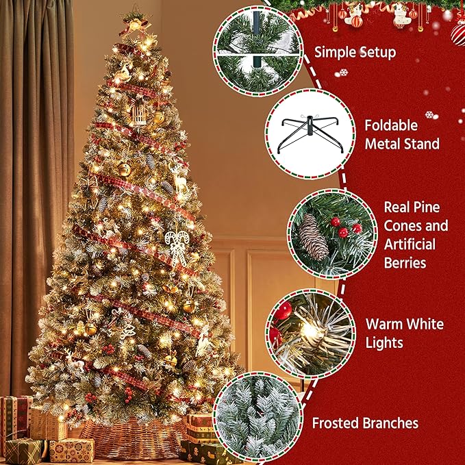 Yaheetech 7.5ft Pre-lit Frosted Artificial Hinged Christmas Tree with 1398 Flocked PVC Tips,88 Pine Cones,88 Holly Berries & 500 Warm White Lights,Foldable Stand,Green