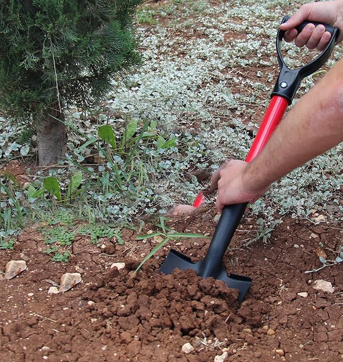 TABOR TOOLS Shovel with Round Point Blade and Comfortable D Grip 20 Inch Fiberglass Handle, Mini Trunk Digging Spade. J211A. (D Handle, Short Shovel)