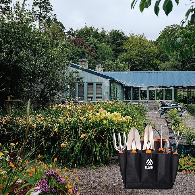 Elevon Gardening Tool Set, Stainless Steel Heavy Duty Gardening Kit with Ergonomic Handles, Durable Gardening Bag, Ideal Gardening Tool Set - Suitable for Men and Women (Orange, 7Piece)