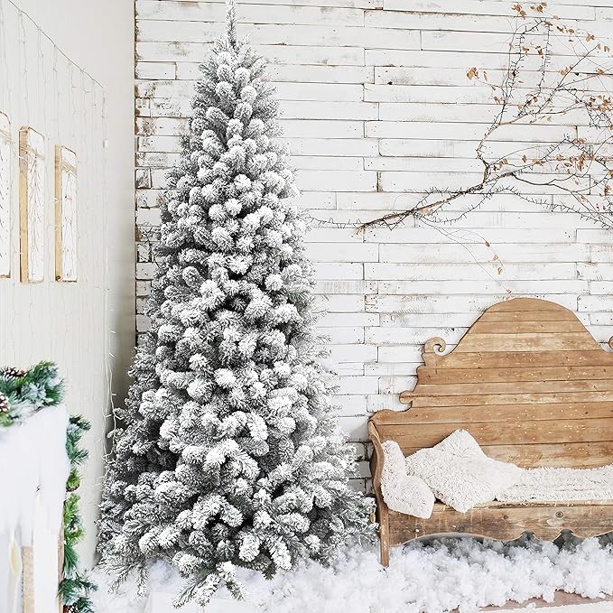 Fraser Hill Farm 6.5-Ft. Alaskan Pine Flocked Artificial Christmas Tree with Stand, Unlit Foldable Fake Tree with Realistic Snowy Foliage for Home Decoration