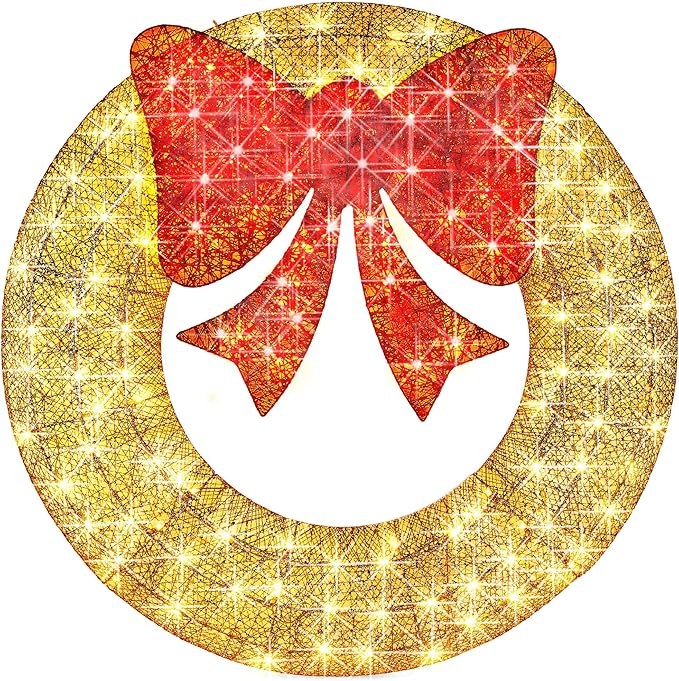 Best Choice Products 60in Pre-Lit Outdoor Christmas Wreath Decoration, LED Metal Holiday Decor for Home Exterior, Garden w/ 206 Lights, Bow - Gold/Red