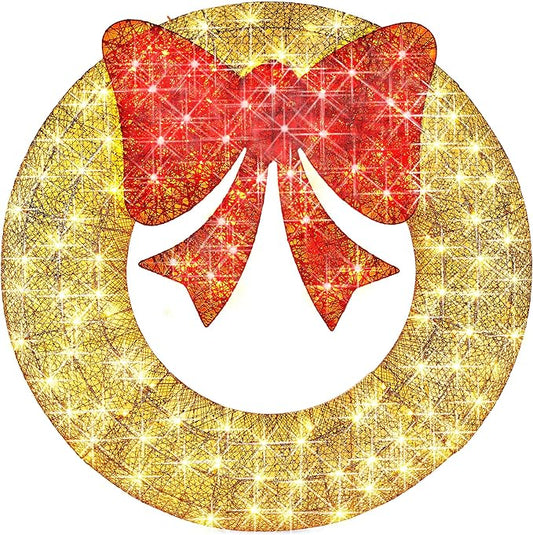 Best Choice Products 60in Pre-Lit Outdoor Christmas Wreath Decoration, LED Metal Holiday Decor for Home Exterior, Garden w/ 206 Lights, Bow - Gold/Red