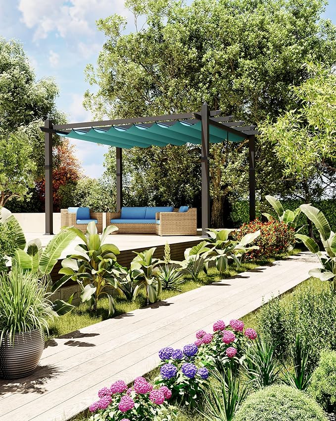 Garvee 10x13 Ft Aluminum Pergola with Retractable Canopy Metal Gazebo for Modern Backyard Deck Porch Grape Trellis(Blue)